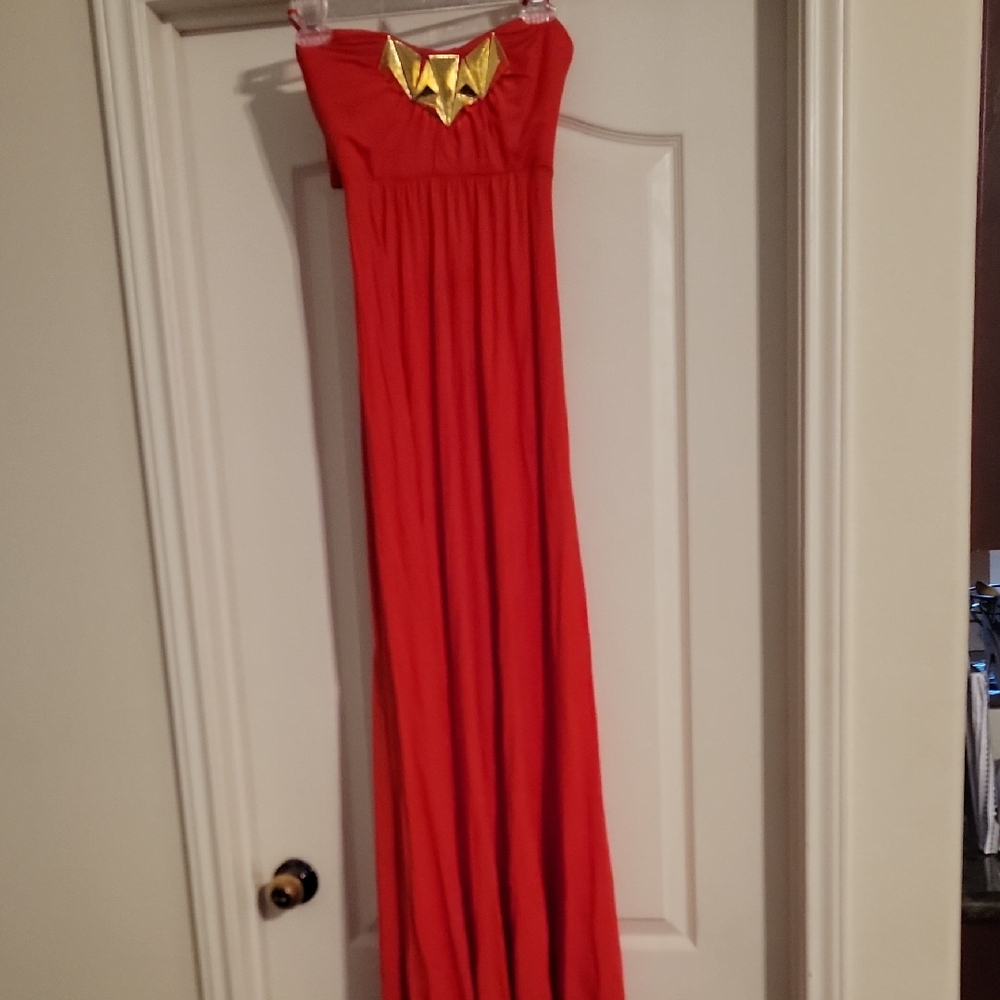 bebe Strapless Red Maxi Dress with Gold Accent